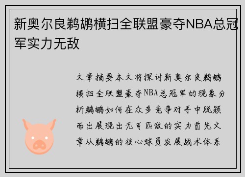 新奥尔良鹈鹕横扫全联盟豪夺NBA总冠军实力无敌 新奥尔良鹈鹕横扫全联盟豪夺NBA总冠军实力无敌