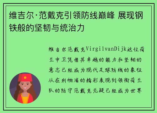 维吉尔·范戴克引领防线巅峰 展现钢铁般的坚韧与统治力 维吉尔·范戴克引领防线巅峰 展现钢铁般的坚韧与统治力