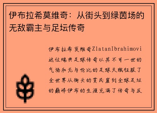 伊布拉希莫维奇:从街头到绿茵场的无敌霸主与足坛传奇 伊布拉希莫维奇:从街头到绿茵场的无敌霸主与足坛传奇